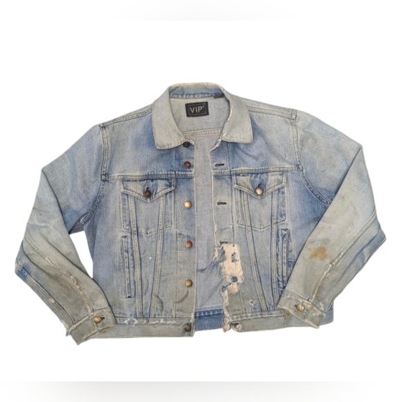 Vintage Grunge Denim jean Jacket by VIP Size Large - Picture 1 of 8